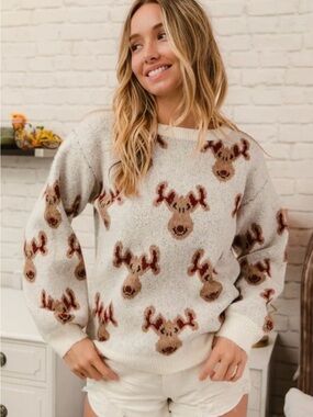 BIBI Cream Reindeer Knit Sweater - Holiday Women’s Pullover